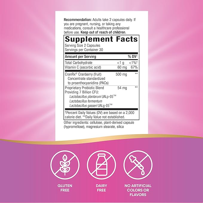 Nature's Way Women's Care CranRx with Probiotics Supports Urinary Health* Vitamin C Cranberry 7 Billion Live Cultures per 2-Capsule Serving 60 Capsules (Packaging May Vary)