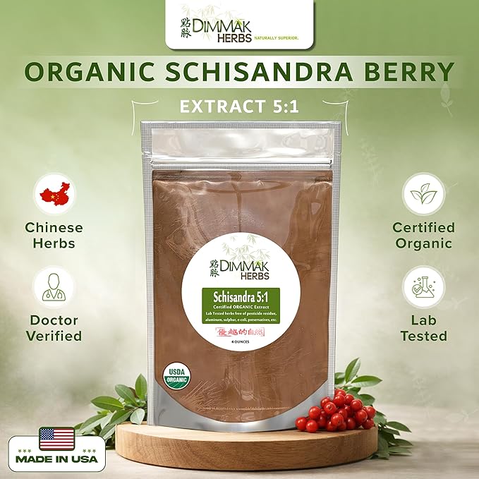 Dimmak Herbs Organic Schisandra Berry Extract 5:1 (Wu Wei Zi)- The Five Flavor Adaptogen for Liver Detox Glowing Skin &amp Mental Focus- Stress Relief Tonic (4oz)