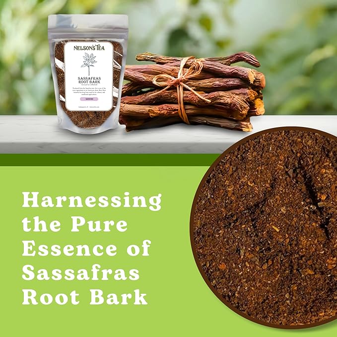 Nelson’s Tea - Sassafras Root Bark Ground - Caffeine Free - Aromatic Sassafras Albidum - Freshly Packed in a Resealable Bag for Lasting Freshness (1oz)
