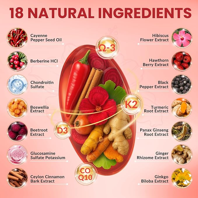 Cayenne Pepper Softgels Supplement Cayenne Pepper Capsules with VitaminD3+K2Berberine Q10 Omega-3 Turmeric Hawthorn Beetroot Supports Leg Vein Digestive &amp Heart Vessel Health 240 Softgel