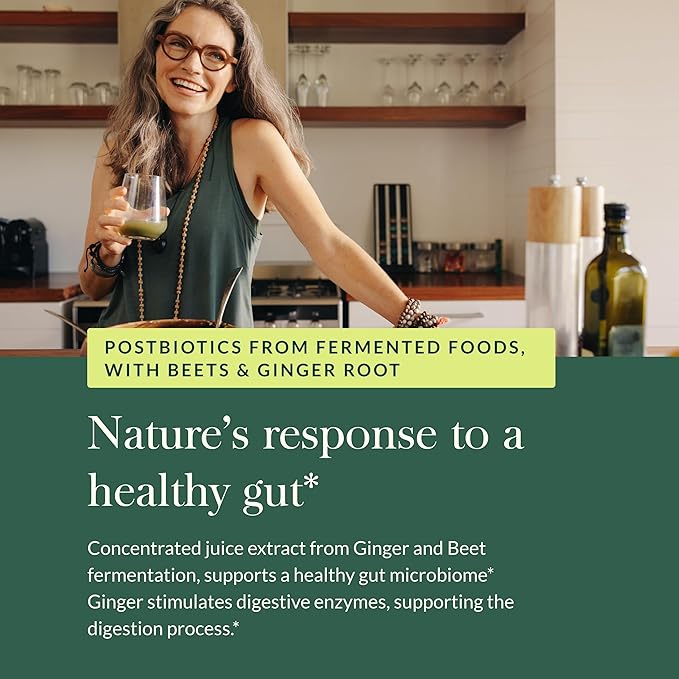 Gaia Herbs Ginger-Beet Postbiotic - Supplement for Gut &amp Heart Health Support* - Made with Fermented Beets &amp Ginger - Free from Dairy Soy &amp Gluten - 60 Vegan Liquid Phyto-Caps (30 Serving