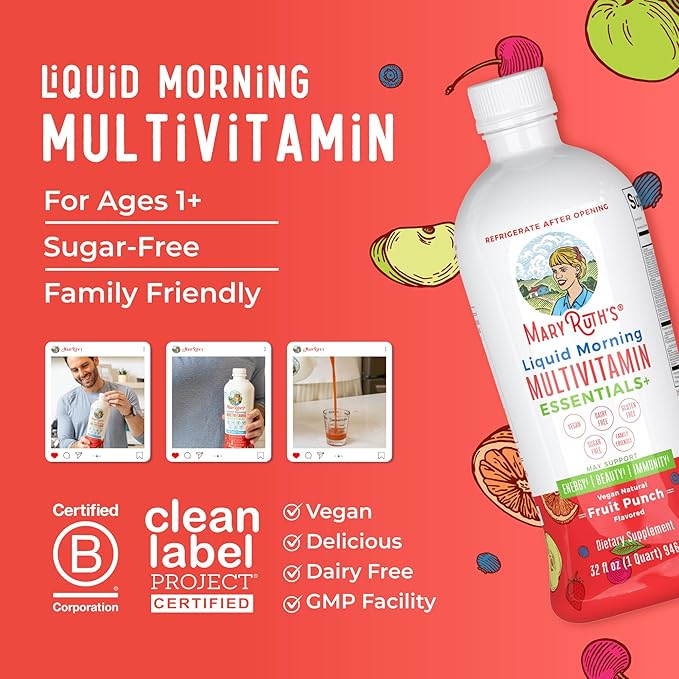 MaryRuth Organics Liquid Morning Multivitamin Essentials+ | Vitamin A C D E B6 B12 Biotin Zinc Mens Womens Multivitamin Immune Support Beauty | Sugar Free | Vitamins for Ages 1+ | Vegan | 32 Fl Oz