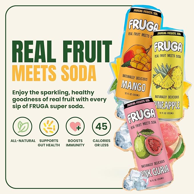 FRUGA Tropical Mix Sparkling Fruit Super Soda | Prebiotic Soda Low Calorie Healthy Soda Benefits and Vitamin Boost - 12 Fl Oz (Pack of 12)