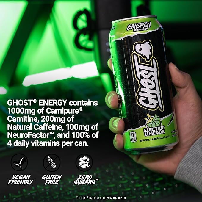 GHOST Energy Drink - 12-Pack Electric Limeade 16oz Cans - Energy &amp Focus &amp No Artificial Colors - 200mg of Natural Caffeine L-Carnitine &amp Taurine - Gluten-Free &amp Vegan