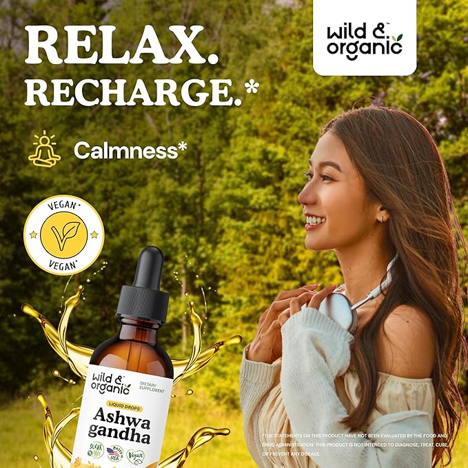 Wild &amp Organic Ashwagandha Liquid Drops - Calming Ashwagandha Root Extract for Relaxation - 1-Month Supply - Herbal Supplements for Women and Men - Vegan Sugar &amp Alcohol-Free Tincture - 2 fl