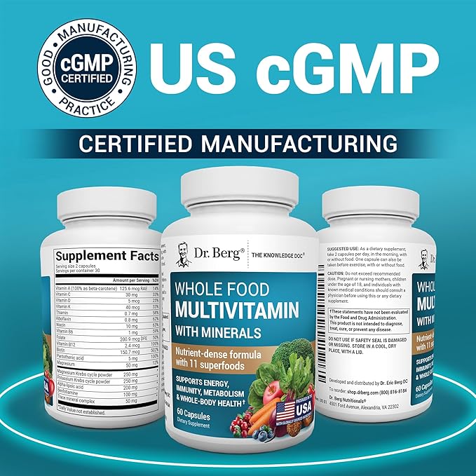 Dr. Berg Whole Food Multivitamin with Minerals - Daily Multivitamin for Men and Women - Includes Premium Whole Food Fruits and Vegetable Blend with Folate Alpha-lipoic Acid and More - 60 Capsules