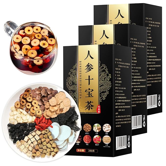 KWOLYKIM 3 Boxes Kidney Formula Ginseng Ten Treasure Tea 10 Precious Natural Ingredients Formula Ginseng Tea Men's Ten Treasure Chinese (30 bags/27.51oz)