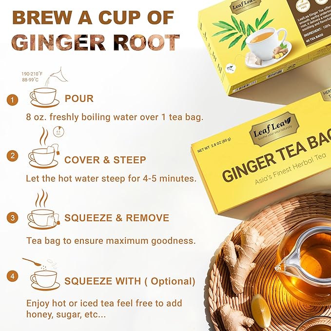 LeafLea 100% Pure Ginger Root Tea Bags – Spicy &amp Warming Herbal Tea Supports Digestion &amp Immune Health Individually Wrapped Non-GMO Caffeine Free Sugar Free No Gluten
