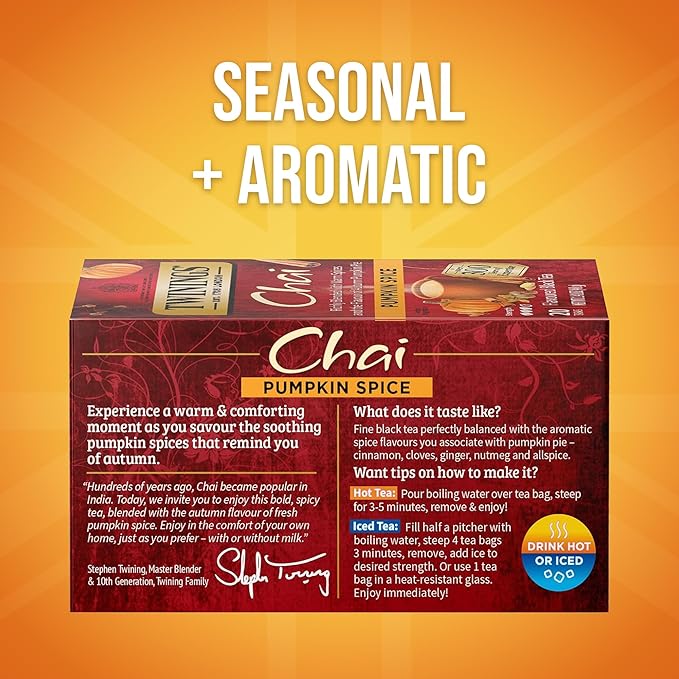 Twinings Pumpkin Spice Chai Black Tea Individually Wrapped Bags 20 Count (Pack of 6) Warm Spicy &amp Aromatic Caffeinated Enjoy Hot or Iced 120 Teabags