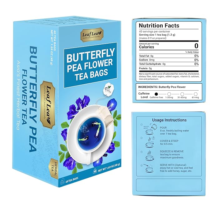 LeafLea 80 Butterfly Pea Flower Tea Bags Natural Herbal Tea for Blue and Purple Drinks Mocktails and Food Coloring Caffeine-Free Sugar-Free Non-GMO Pack of 2
