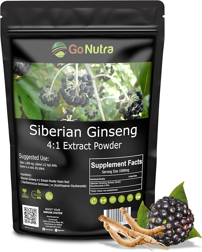 Go Nutra Siberian Ginseng - Eleuthero Root Powder | 4:1 Extract 4X Times Stronger | Supports Energy &amp Stamina | Natural &amp Adaptogenic | Eleutherococcus Senticosus | Non-GMO | 1lb (16 Ounce)