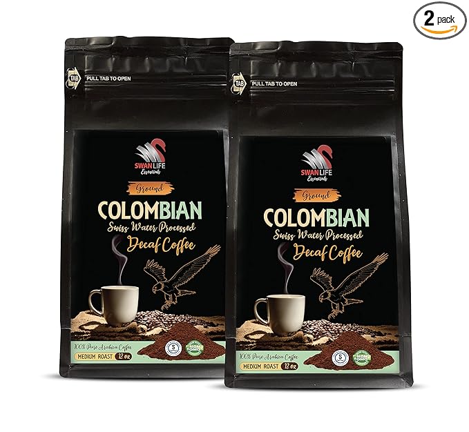 decaffeinated colombian coffee ground - DECAF COLOMBIAN GROUND COFFEE - Medium Roast 100% Pure Arabica swiss water processed non gmo - gift from colombia by SWAN LIFE ESSENTIALS - 2 Bags (24 Oz)