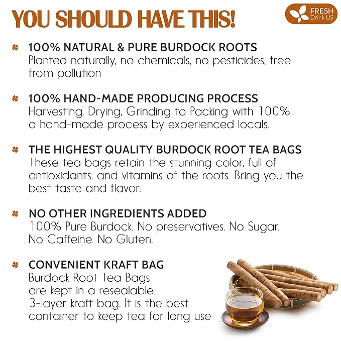 FreshDrinkUS Premium 135 Burdock Root Tea Bags 100% Natural &amp Pure. Made with Natural Material Tea Bags. No Sugar No Caffeine No Gluten Vegan.