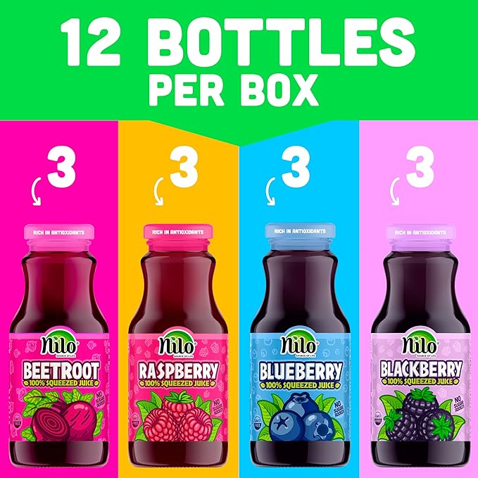 NILO Variety Pack | 100% Squeezed Juice Blackberry Blueberry Raspberry Beetroot | NO Sugar added | NON GMO | NOT From Concentrate | 8.45 oz (Pack of 12)