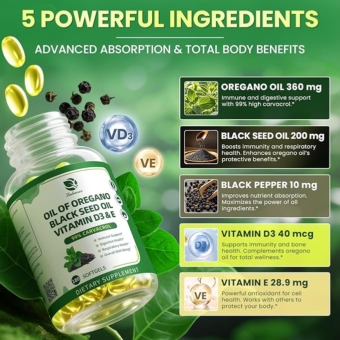 Lukaree Organic Oregano Oil Capsules with Black Seed Oil Ultra-Concentrated 99% Carvacrol 5-in-1 with Vitamin D3 E Black Pepper Immune Respiratory Digestive &amp Antioxidant* 180 Softgels 2 Pa