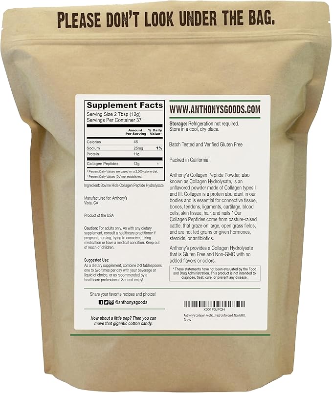 Anthony's Collagen Peptide Powder 1 lb Pure Hydrolyzed Gluten Free Keto and Paleo Friendly Grass Fed Unflavored Non GMO