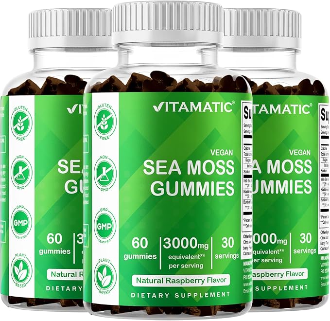 Vitamatic 3 Pack Irish Sea Moss Gummies- 3000mg Equivalent Per Serving - 60 Ct - Made with Bladderwrack &amp Burdock Root - Seamoss Supplement for Thyroid Energy Immune Support