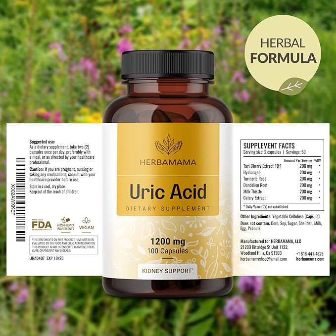 HERBAMAMA Uric Acid Cleanse Capsules - 1200mg Uric Acid Support Formula with Tart Cherry Milk Thistle &amp Celery Root - Vegan Non-GMO Supplement