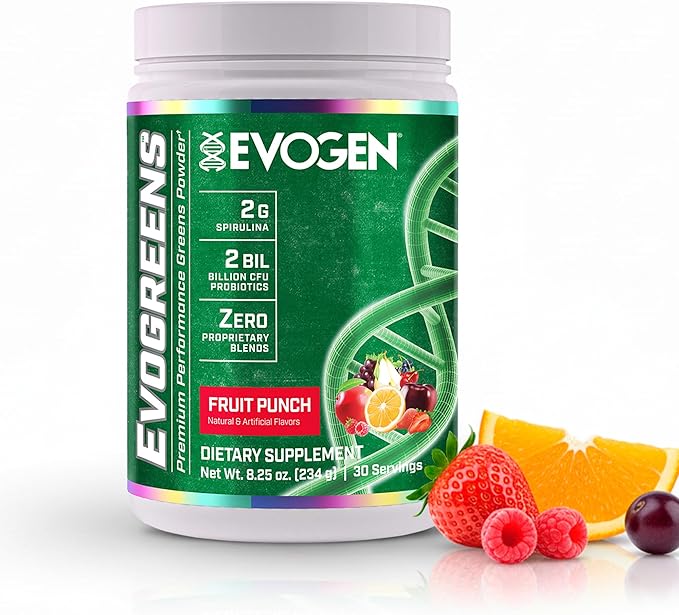 Evogen Evogreens - Super Greens Powder | Promotes Recovery Wellness &amp Immune Health | Greens Superfood Powder with Spirulina Probiotics Pomanox Pomegranate Extract | Fruit Punch | 30 Servings