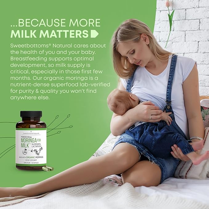 Lactation Supplement - Organic Moringa Capsules for Breastfeeding Support to Increase Breastmilk Supply (120 ct) Pure Malunggay Leaf Powder for Milk Production Booster &amp Postnatal Vitamins A E K 5