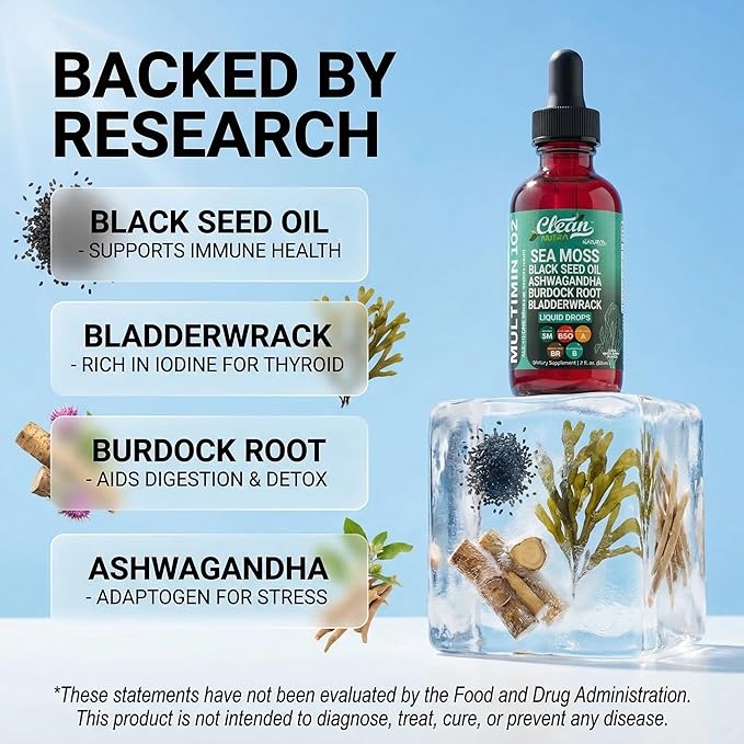 Clean Nutraceuticals Sea Moss Drops Supplement Liquid with Black Seed Oil Ashwagandha Burdock Root &amp Bladderwrack - Multimineral Organic Non-GMO Vegan for Gut Heath Skin Immune Support Hair (2 Pac