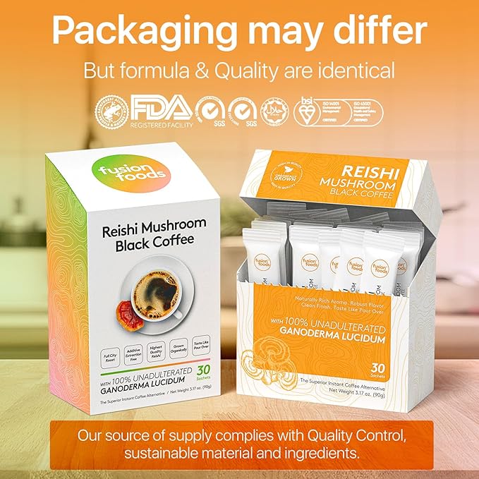 Reishi Mushroom Black Coffee by fusion foods™ | All Natural Unadulterated Reishi Mushroom Ganoderma | Robust Aroma &amp Taste - 30 counts