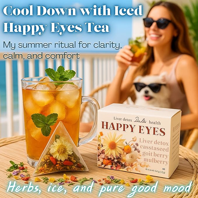 Dr. Lu’s Happy Eyes Tea | 100% Natural Eyebright Tea for Liver Cleanse | Liver Detox tea for Eye Health | Chrysanthemum Cassia Seed Goji Berry 8 Premium Herbs in Corn Fiber Pyramid Bags | Made in US