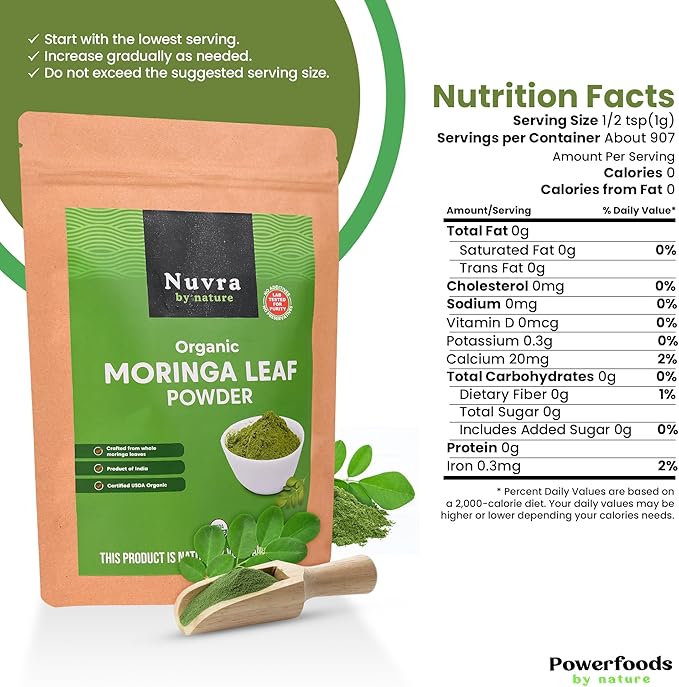 Nuvra by Nature Organic Moringa Leaf Powder – 2 lb | 100% Pure &amp Natural Superfood for Smoothies Tea &amp Lattes | Certified USDA Organic