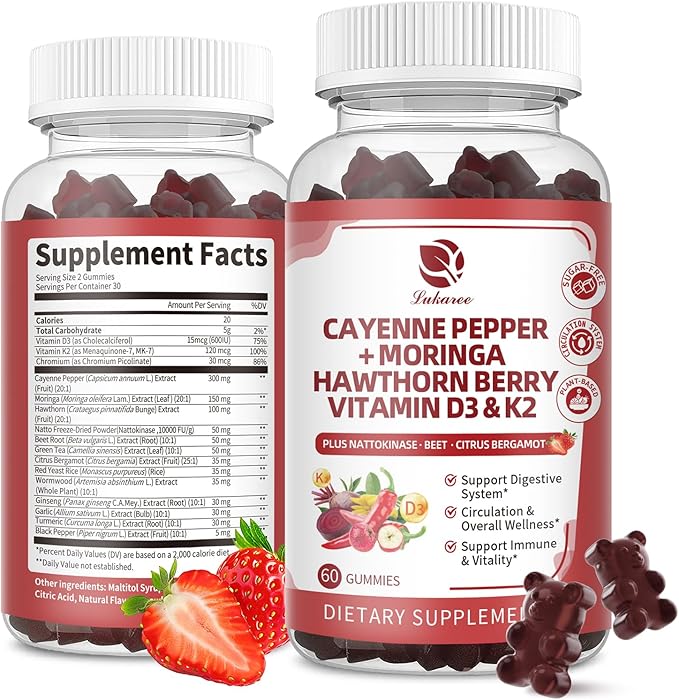 Lukaree 16 in 1 Cayenne Pepper Gummies- Sugar-Free 20x Capsaicin Supplements Complex w/Moringa Hawthorn Beet Root - Plus Wormwood Citrus Bergamot Support Circulation* &amp Overall Wellness* - 60 C