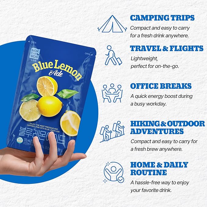 [Nokchawon] Blue Lemonade Drink Pouch (10 Pack) - Ready to Serve Fruit Juice for Ice Cups - Refreshing Korean Pouch Drink for Spring Break Picnics and Cocktail Mixers - 6.42 fl oz