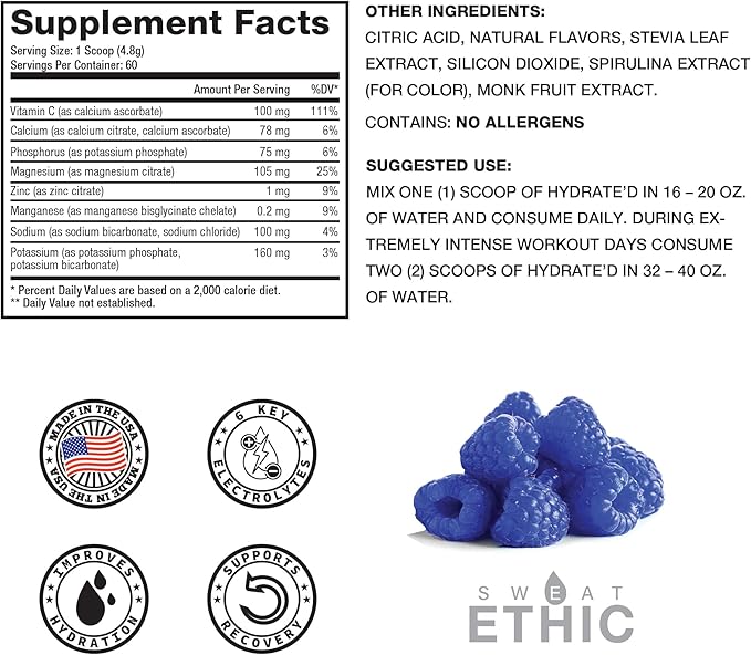 Sweat Ethic Hydrate’D Electrolytes Electrolyte Powder with Potassium Magnesium &amp Vitamin C Easy Mix Powder for Hydration &amp Performance Support Natural Ingredients Blue Raspberry 60 Servin