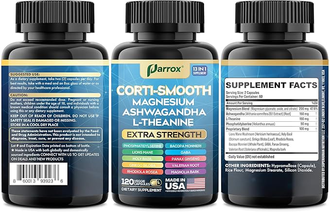Corti-Smooth Cortisol Supplement Magnesium L-Theanine Ashwagandha Magnolia Bark Panax Ginseng Bacopa Monnieri GABA Lions Mane Ginkgo Biloba Phosphatidylserine Valerian Root (120 Caps)