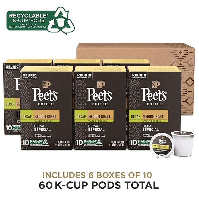 Peet's Coffee Medium Roast Decaf Keurig K-Cup Pods Decaffeinated Arabica Coffee - Decaf Especial 60 Count (6 Boxes of 10 K-Cup Pods)