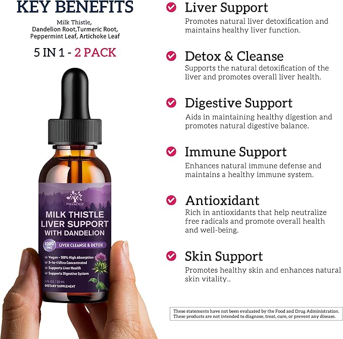 (2 Pack) Milk Thistle Liquid Drops Silymarin 1000mg Liver Supplement Detox &amp Cleanse with Dandelion &amp Artichoke Milk Thistle Organic Extract for Support Repair Liver Health Vegan Non-GMO