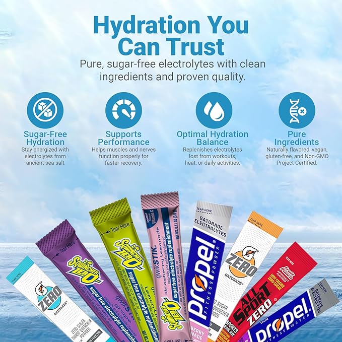 Gatorade G Zero Propel All Sport and Sqwincher Zero Electrolyte Powder Packets Variety - 30 Different Packets