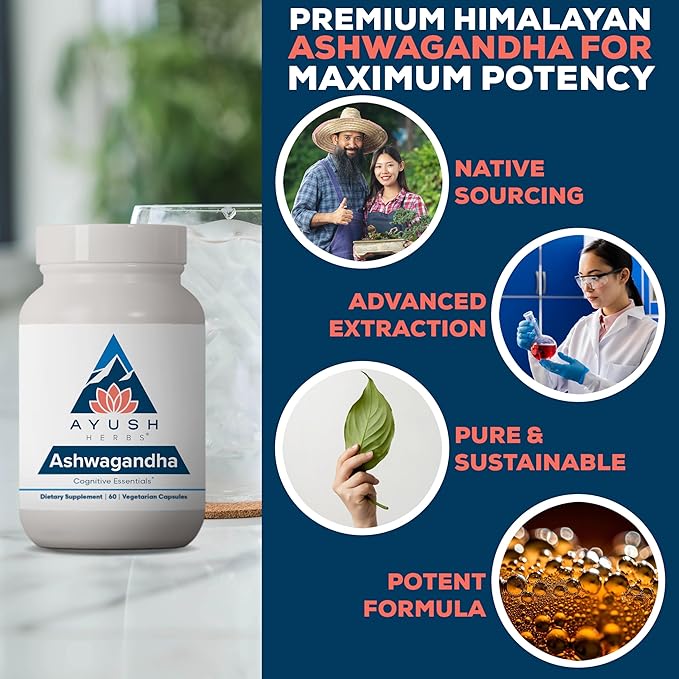 Ayush Herbs Ashwagandha Capsules - Ashwagandha for Men &amp Women Ashwagandha Supplements Pure Ashwagandha Root Powder for Stress 500mg per Pill - 60 Servings