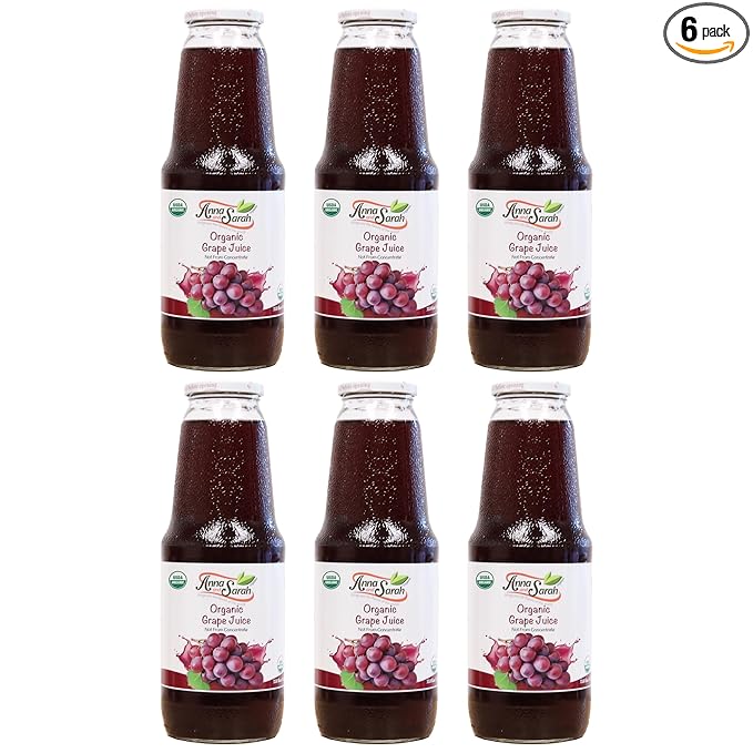 Anna and Sarah 33.8 Oz Organic Grape Juice - Glass Bottle (6 Pack) No Sugar No Artificial Colors No Preservatives No Flavors Added not from CONCENTRATE