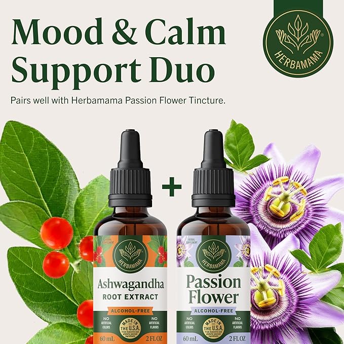 HERBAMAMA Ashwagandha Liquid Drops - Vegan Ashwagandha Root Extract for Calm &amp Mood Support - Non-GMO Alcohol &amp Sugar-Free Calming Supplement for Adults 28-Day Supply