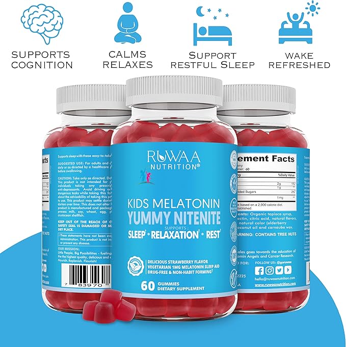 RUWAA NUTRITION Melatonin Kid Gummies. Chewable Safe Drug-Free &amp Effective Children's Sleep Aid &amp Teens. 1mg Melatonin Gummy Gluten-Free Vegetarian Restful Sleep Supplement for Ages 4+. 60c