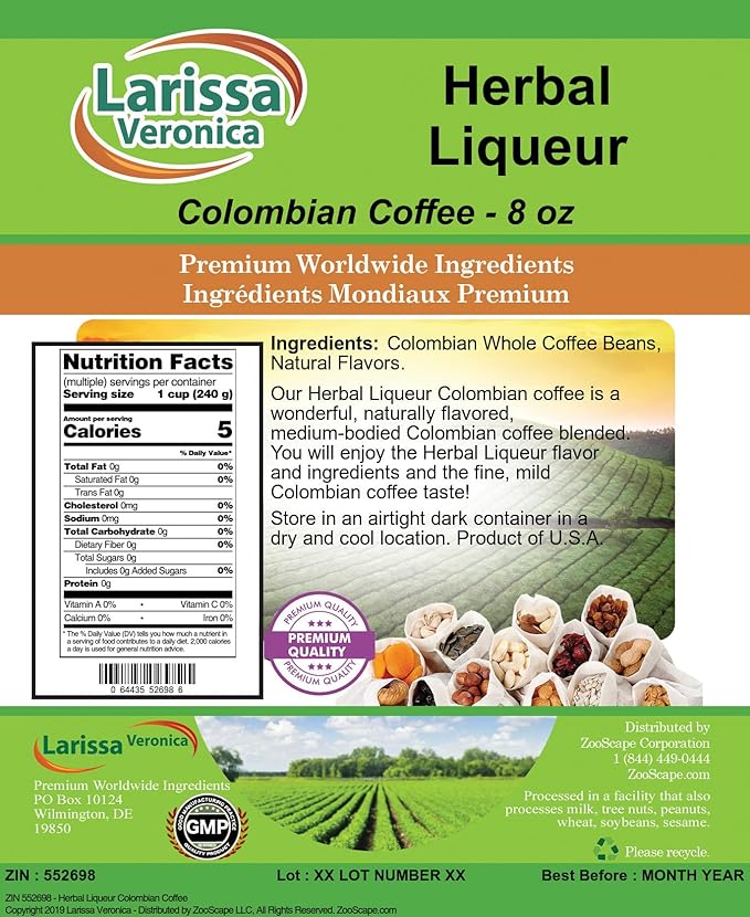 Herbal Liqueur Colombian Coffee (Gourmet Naturally Flavored Whole Coffee Beans) (8 oz ZIN: 552698) - 2 Pack