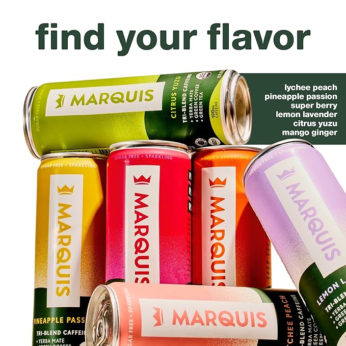 Marquis Natural Energy Drinks Sugar Free Zero Calories - 100mg Organic Plant Based Caffeine Yerba Mate Green Tea &amp Green Coffee - Vitamin C &amp Bs - Citrus Yuzu Healthy Energy Drink - 12oz Cans