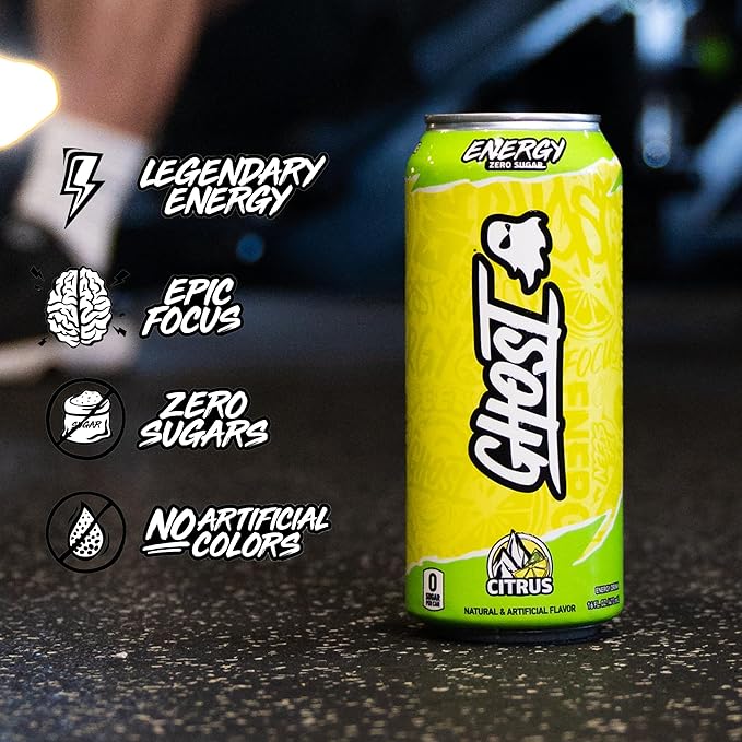 GHOST Energy Drink - 12-Pack Citrus 16oz Cans - Energy &amp Focus &amp No Artificial Colors - 200mg of Natural Caffeine L-Carnitine &amp Taurine - Gluten-Free &amp Vegan