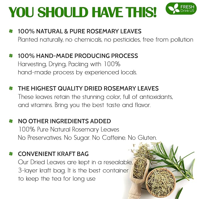 FRESHDRINKUS Premium 2oz Rosemary Leaves 100% Natural &amp Pure No Additives No Caffeine Vegan. Perfect for Seasoning Spice Blends for Grilling &amp Cooking