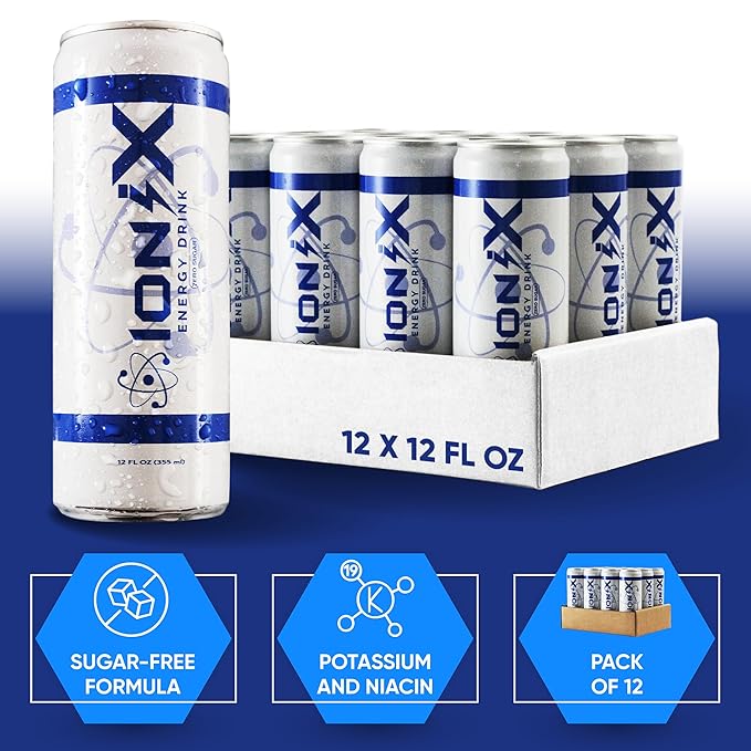 Zero Sugar Energy Drink - ionix Nootropic Drink to Boost Focus and Mood with L-Theanine Natural Green Tea Caffeine Vitamins &amp Prebiotic for Gut Health - 12 fl oz Cans (Pack of 12)