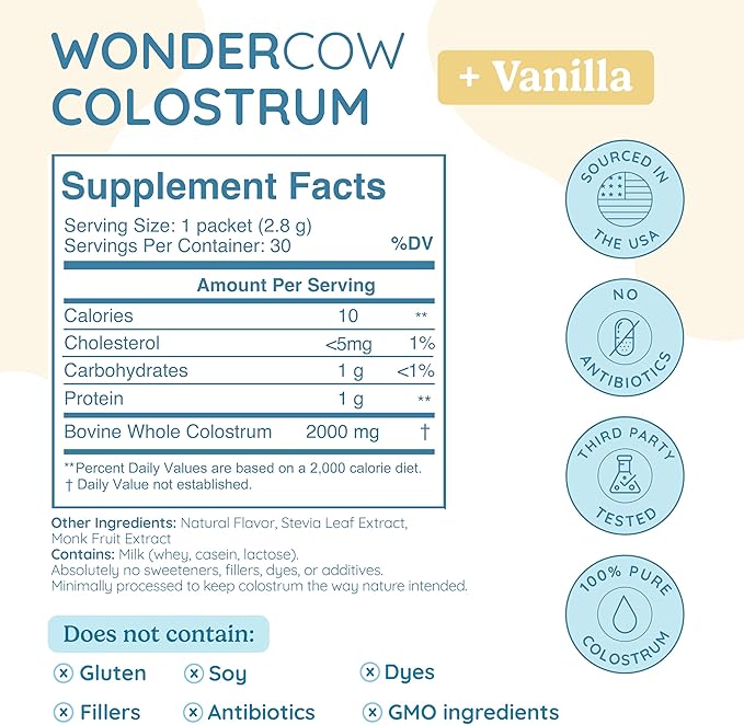 Colostrum Supplement Powder for Gut Health Immune Support &amp Wellness | Natural IgG Pure Whole Bovine Colostrum Superfood Vanilla 30 Servings