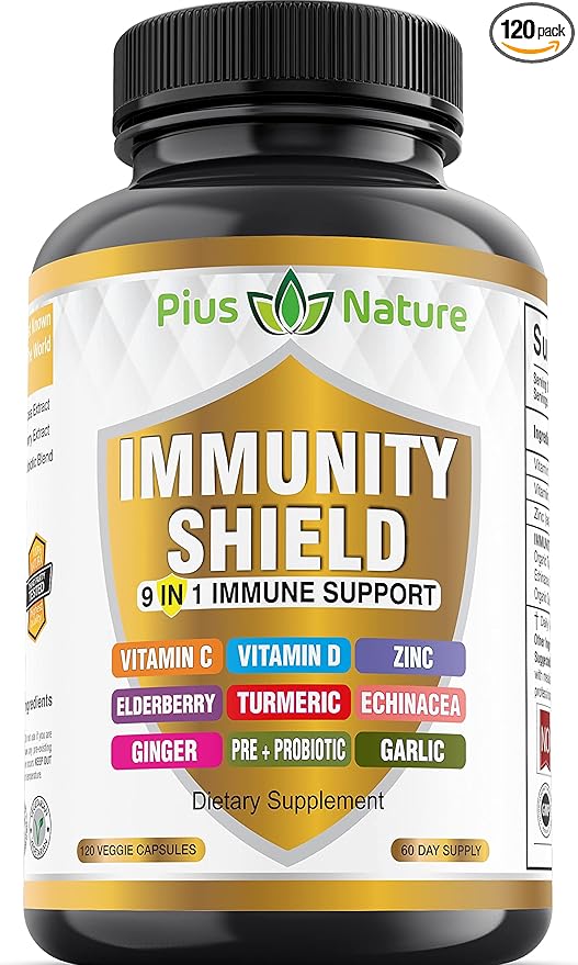 9-in-1 Immune Support Vitamin C (1000mg) Vitamin D3 (5000 IU) Zinc(22mg) with Elderberry Turmeric Echinacea Ginger Garlic and Pre+Pro-Biotic per Serving (120 caps per Bottle - 2 Month Supply)