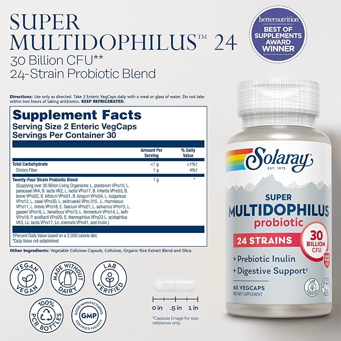 Solaray Multidophilus 24 Strain Probiotic 30 Billion CFU Probiotics for Digestive Health for Women and Men Daily Gut Health Support Complex with Prebiotic Inulin No Dairy - 100 VegCaps