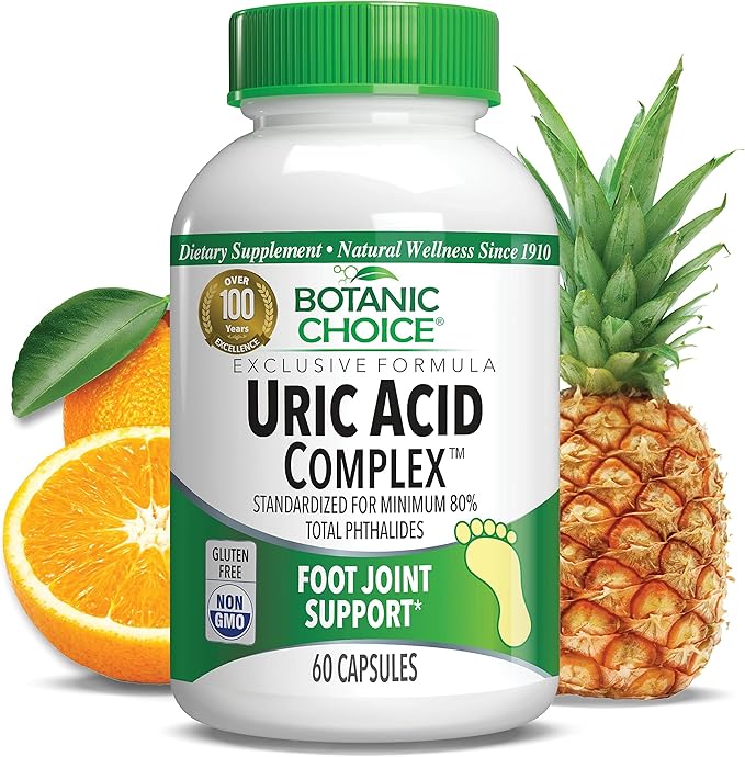 Botanic Choice Uric Acid Complex Supplement - Foot Joint Support-Help Soothe Discomfort with Celery Seed &amp Bromelain -Gluten Free Non-GMO 60 Caps