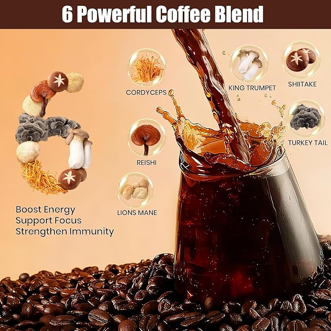Mushroom Coffee 2000mg Organic Instant Coffee with 6 Adaptogenic Mushrooms (Lion’s Mane &amp Turkey Tail) with MCT Oil &amp Coconut for Focus Energy Digestion &amp Immune Support 30 Servings
