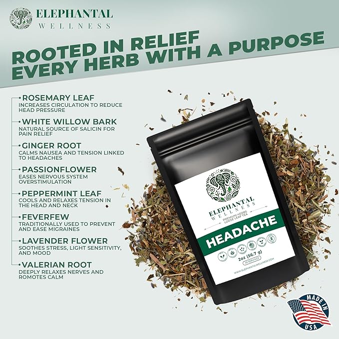 Premium Herbal Tea for Calm &amp Head Comfort – White Willow Bark Feverfew &amp Valerian – Supports Relaxation Clarity &amp Daily Comfort – Caffeine-Free Non-GMO Loose Leaf 2oz (20 Servings)